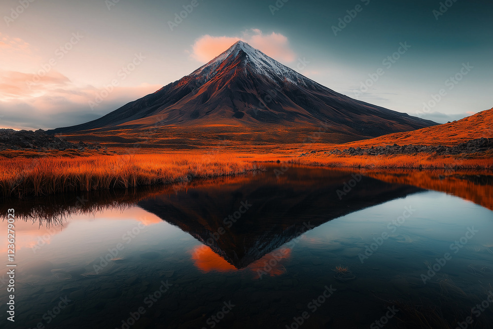 Fototapeta premium Majestic volcano reflected in tranquil waters during sunset in a vibrant landscape