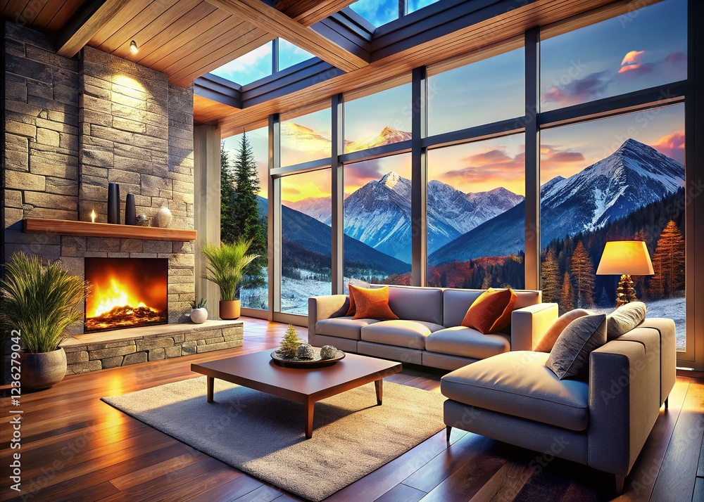 Fototapeta premium Serene Mountain Retreat with Cozy Fireplace and Ample Space for Relaxation