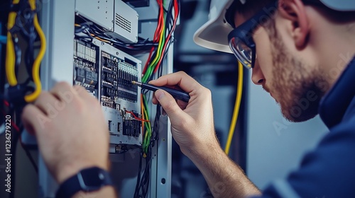 An electrician is working on electrical circuits with a voltage tester in a building