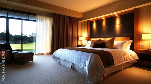 Luxurious bedroom with a statement headboard, floorlength curtains, and soft warm lighting photo