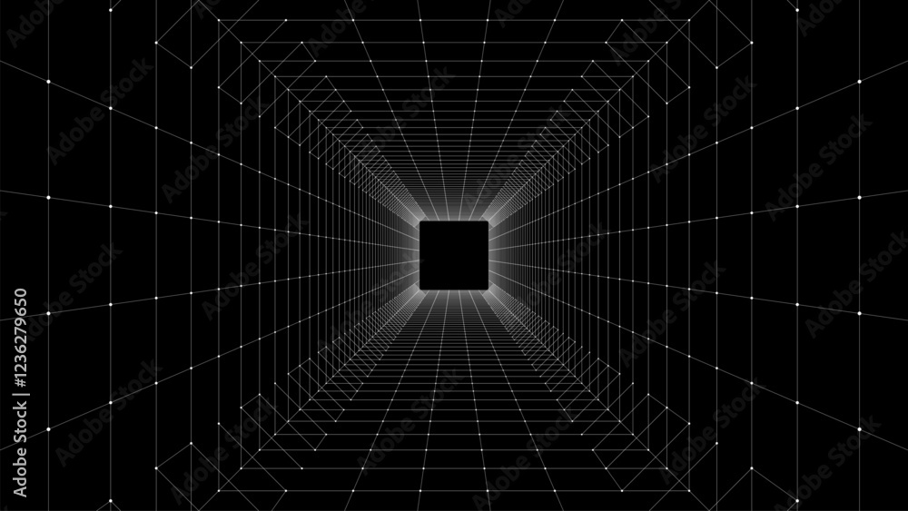 Fototapeta premium Abstract sci-fi black tunnel. Wormhole absorbs cyberspace. 3D portal. Vector futuristic fantasy high-tech funnel.