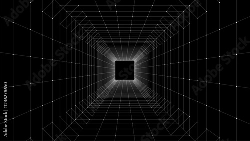Abstract sci-fi black tunnel. Wormhole absorbs cyberspace. 3D portal. Vector futuristic fantasy high-tech funnel.