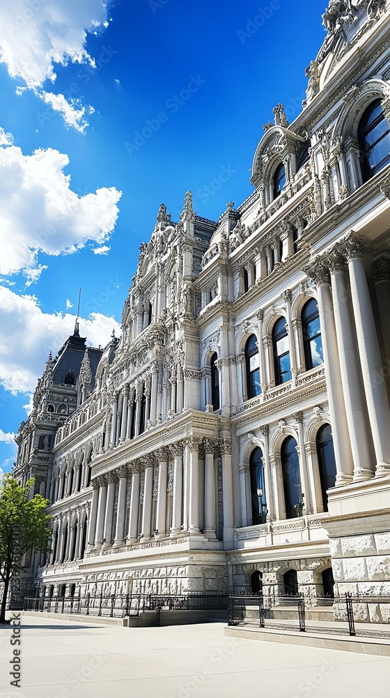 Obraz premium Opulent government building facade with historic grandeur, marble pillars, and detailed stone carvings