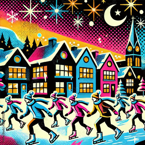 ice skating merry christmas and happy  background art  vector illustration