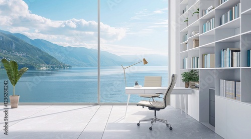 Modern home office interior with books on white shelves, panoramic window and view of lake and mountains. Workplace concept. 3D rendering.