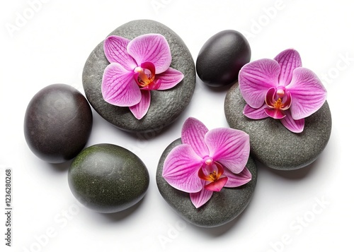 Spa stones with orchid flowers on white background top view