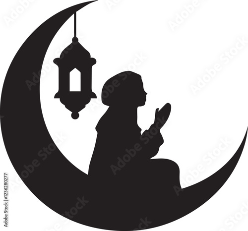 Silhouette of a Praying Muslim Woman on Crescent Moon with Hanging Lantern - Islamic Art