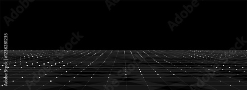 Technology perspective grid background. Digital space wireframe landscape. Vector black mesh on a black background.