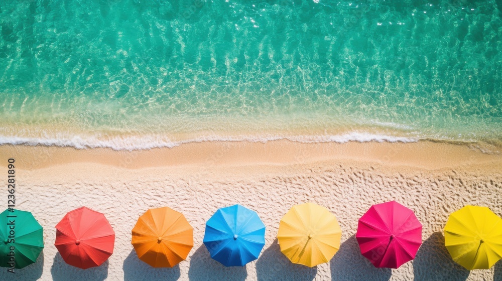 Vibrant Summer Beach Scene with Colorful Beach Umbrellas, Sandy Shore, and Clear Blue Water: Lively and Cheerful Vacation Atmosphere Ideal for Travel and Summer-Themed Content Vibrant Summer Beach Scene with Colorful Beach Umbrellas, Sandy Shore, and Clear Blue Water: Lively and Cheerful Vacation Atmosphere Ideal for Travel and Summer-Themed Content