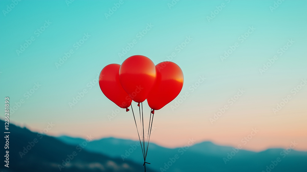 Fototapeta premium Colorful red balloons float against a serene blue sky during dusk with mountain silhouettes in the background