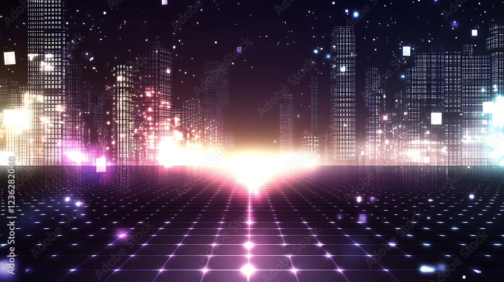 Fototapeta premium Futuristic Cityscape Illuminated Grid Network