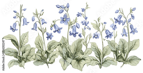 Lush green foliage, delicate bluebell flowers, vintage illustration, classic engraving style, botanical design, nature print, floral art, intricate line work