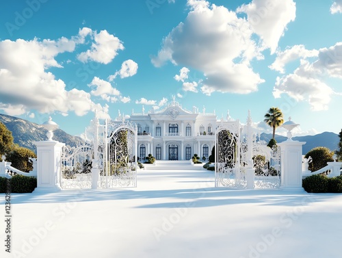 Opulent Europeanstyle mansion, intricate details, royal gates, 3D illustration photo