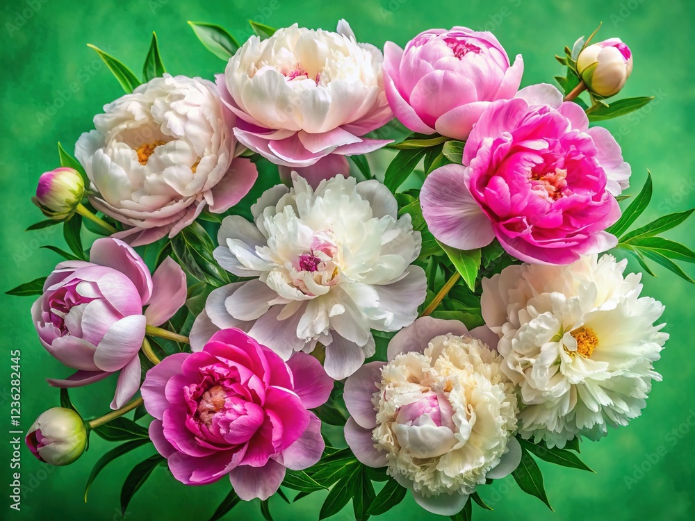 Fototapeta premium Top-Down Capture of Delicate White and Pink Peonies Surrounded by Vibrant Green Foliage
