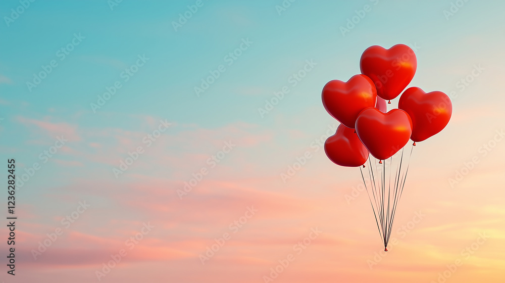 Red heart-shaped balloons float in the sky at sunset, bringing joy and love to the serene twilight atmosphere