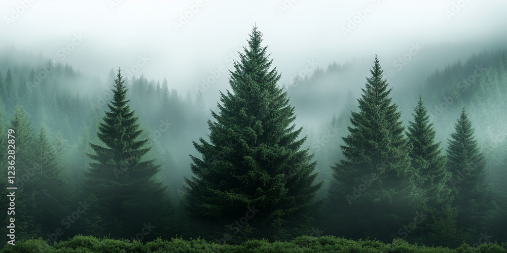 Fototapeta premium Dense evergreen forest shrouded in mist creates a tranquil atmosphere in the early morning light