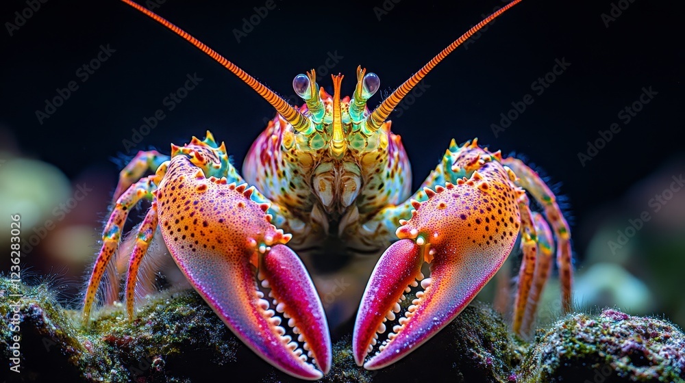 Colorful lobster, ocean rock, dark background, wildlife closeup Colorful lobster, ocean rock, dark background, wildlife closeup