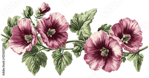 Photos Deep magenta flowers, lush green stems, vintage engraving technique, warm tones,