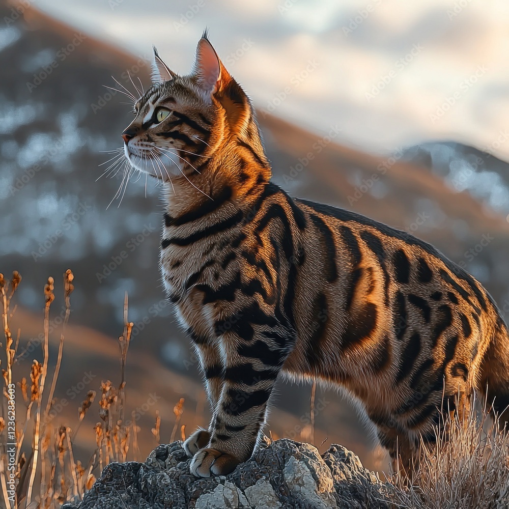 Bengal cat standing on a rock overlooking mountains at sunset