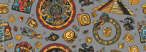 Mayan pattern. Aztec Mayan calendar, inca background. Ancient mexican civilization art. Golden glyphs