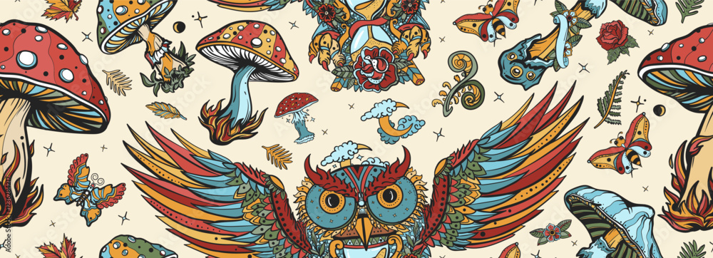Fototapeta premium Mushrooms and owls. Fly agaric. Autumn magic forest. Fall background. Old school tattoo vector seamless pattern