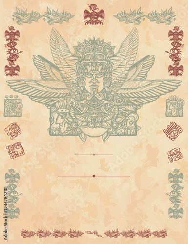 Ancient civilization background. Aztecs, Incas. Historical frame, tribal ornaments and old paper