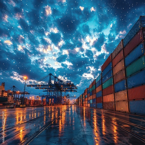 Wallpaper Mural Shipping containers at a busy port at dusk under a starry sky Torontodigital.ca