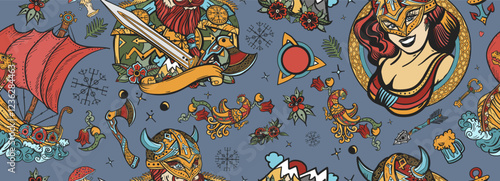 Vikings pattern. Medieval barbarian, long boat and woman warrior. Valhalla art. Northern history background