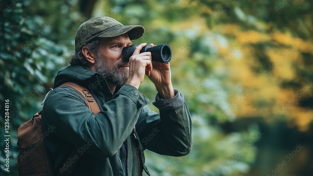 A handsome man is enjoying the tranquil woodland ambiance, binoculars, and forestbathing while observing wildlife. A handsome man is enjoying the tranquil woodland ambiance, binoculars, and forestbathing while observing wildlife.