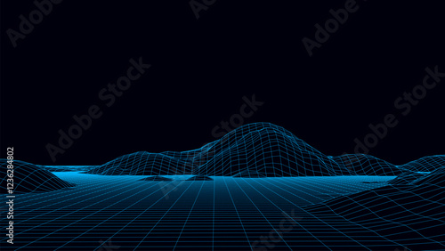 Technology perspective grid with mountain landscape background. Vector digital space wireframe landscape. Blue mesh on a black background