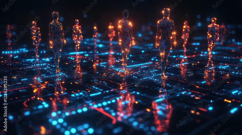 Fototapeta premium Digital Humans Walking Circuit Board Network