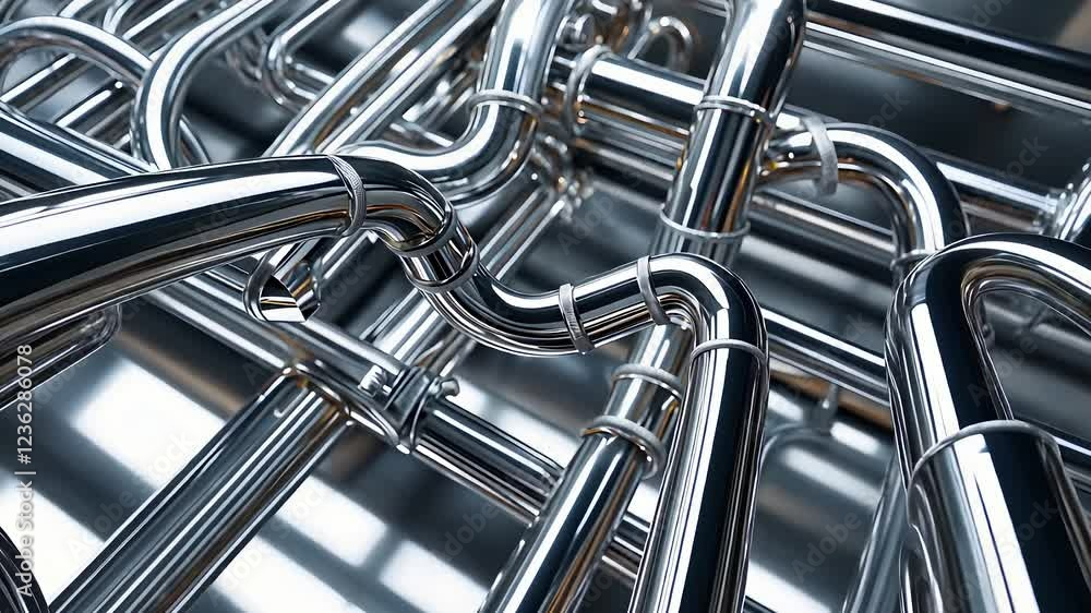 Shiny Stainless Steel Industrial Pipelines with Complex Connections, Reflections, and a High-Tech Engineering Design

