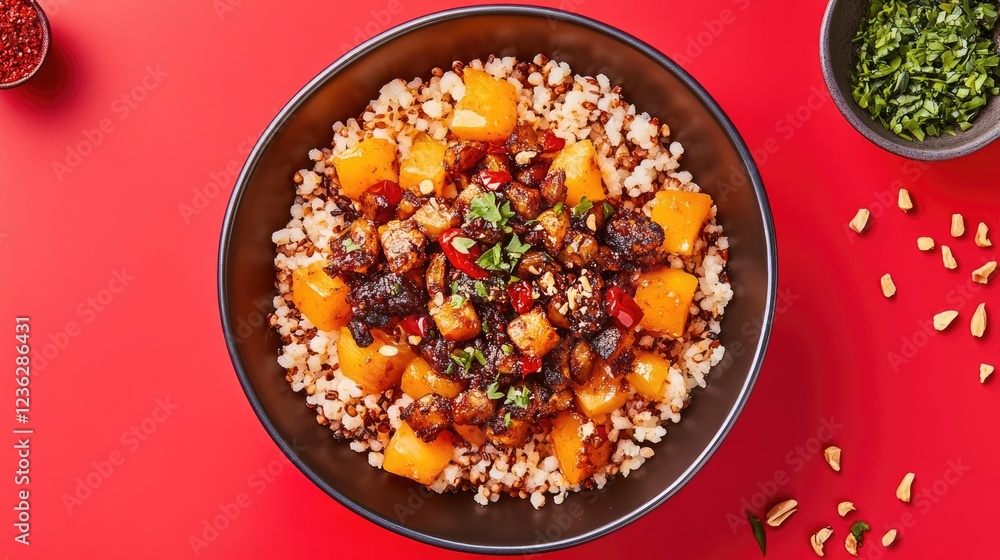 Colorful bowl of stir-fried vegetables and grains on a vibrant red background with garnishes Colorful bowl of stir-fried vegetables and grains on a vibrant red background with garnishes