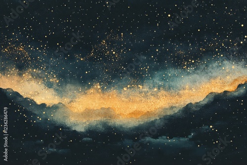 Distant cosmos: pointillist style nebula, stars, and galaxies with retro stippled texture in grainy background of glowing star clusters