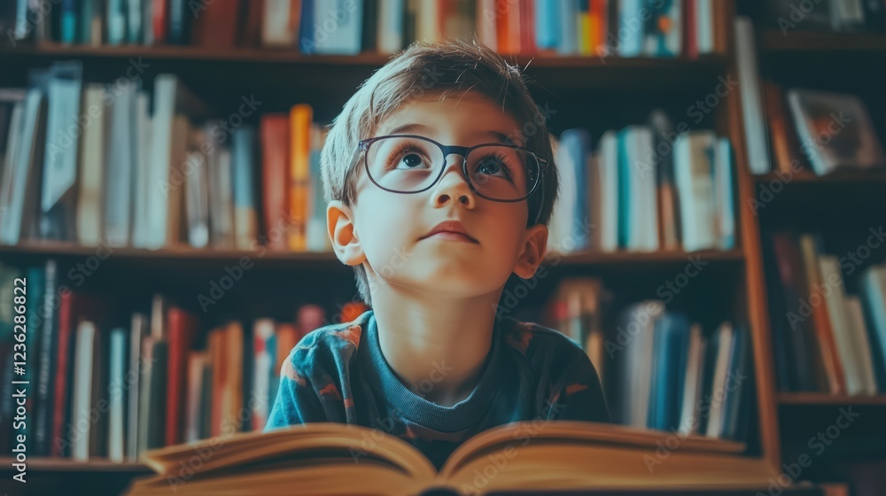 Young boy with glasses lost in thought while reading in a library full of books Young boy with glasses lost in thought while reading in a library full of books
