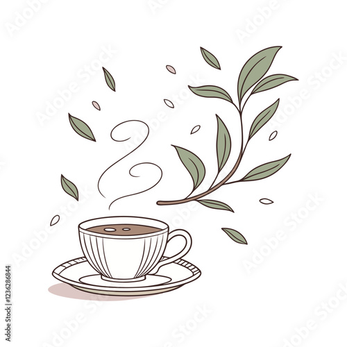 Simple Coffee Cup Artwork with Wave-Like Leaf Pattern – Minimalist Vector Design