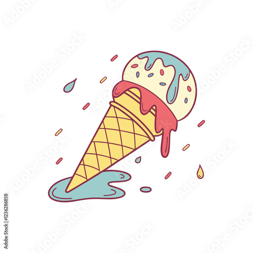 Waffle Cone with Melting Pink and Blue Ice Cream – Sweet Vector Illustration