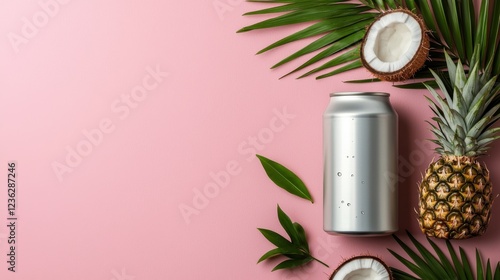 Tropical themed aluminum beverage can with water droplets on a pink background  The can features a refreshing cold and healthy looking drink possibly a coconut water or pineapple juice photo