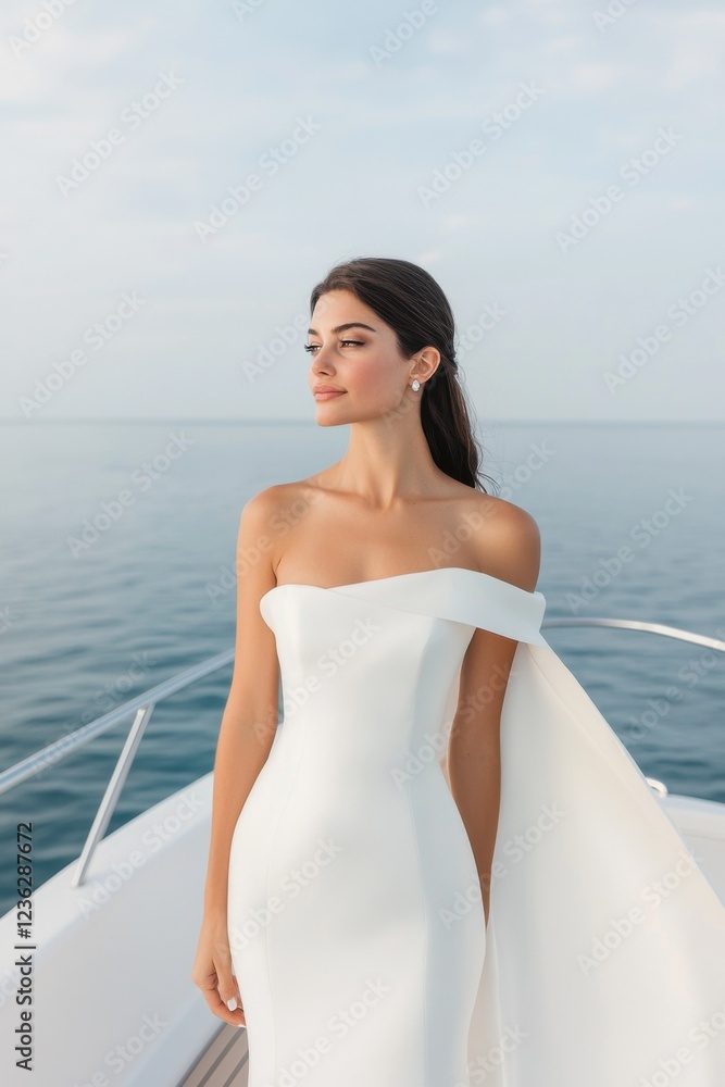 Elegant bride in white dress on yacht ocean setting fashion photography serene atmosphere captivating viewpoint Elegant bride in white dress on yacht ocean setting fashion photography serene atmosphere captivating viewpoint