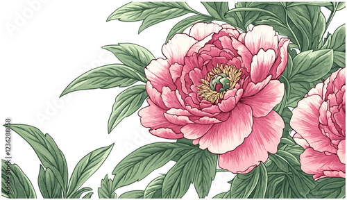 1945 Peony, lush green leaves, intricate engraving design, rich pink blooms, vintage botanical art, detailed flower illustration, floral wall decor, botanical art piece