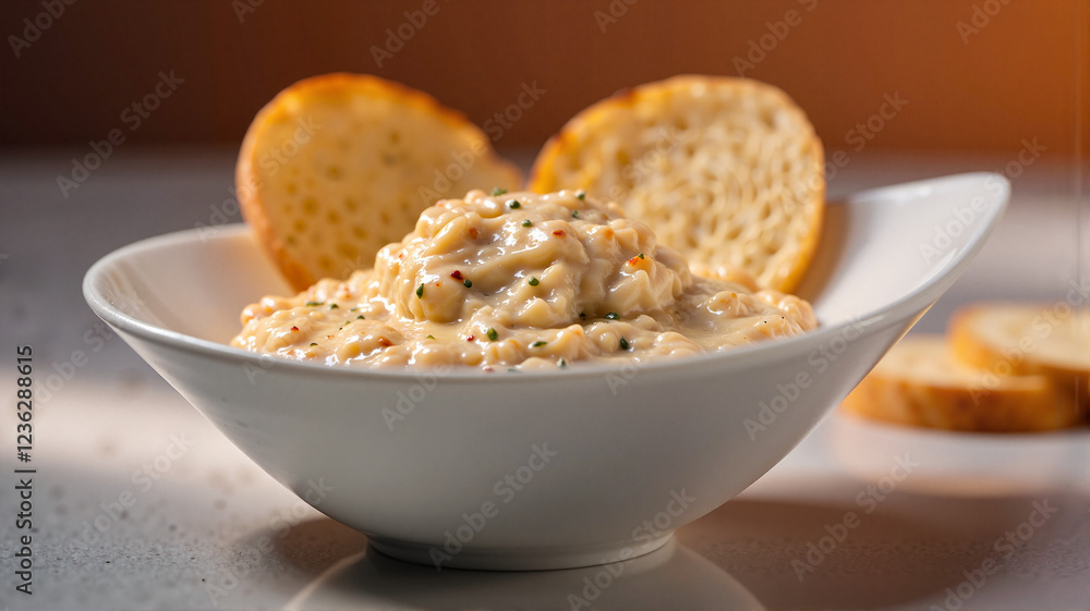 Elegant taramosalata in a white bowl with toasted bread, culinary delight Elegant taramosalata in a white bowl with toasted bread, culinary delight
