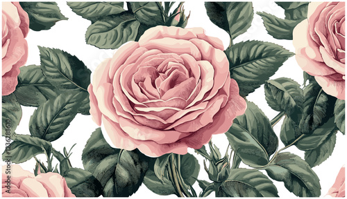 Soft pink blooms, 1950s Cabbage Rose, rich green leaves, detailed engraving, vintage aesthetics, retro roses, floral engraving, antique flower design