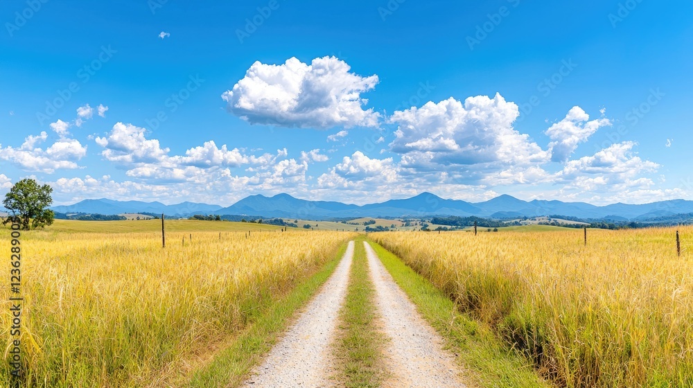 Country road through golden wheat field, blue sky, mountains background; travel, landscape Country road through golden wheat field, blue sky, mountains background; travel, landscape