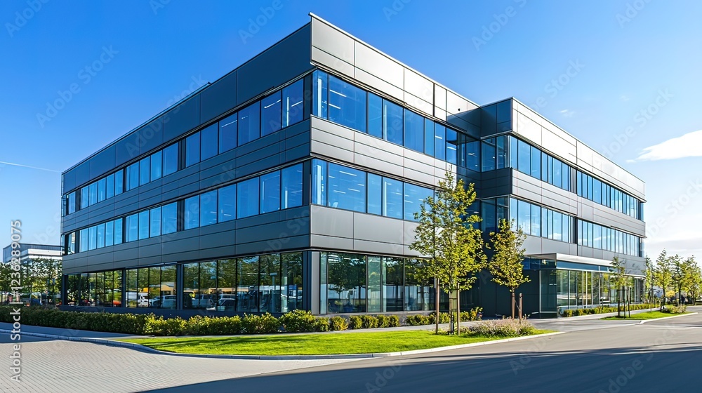 Modern glass and metal office building on sunny day. Modern glass and metal office building on sunny day.