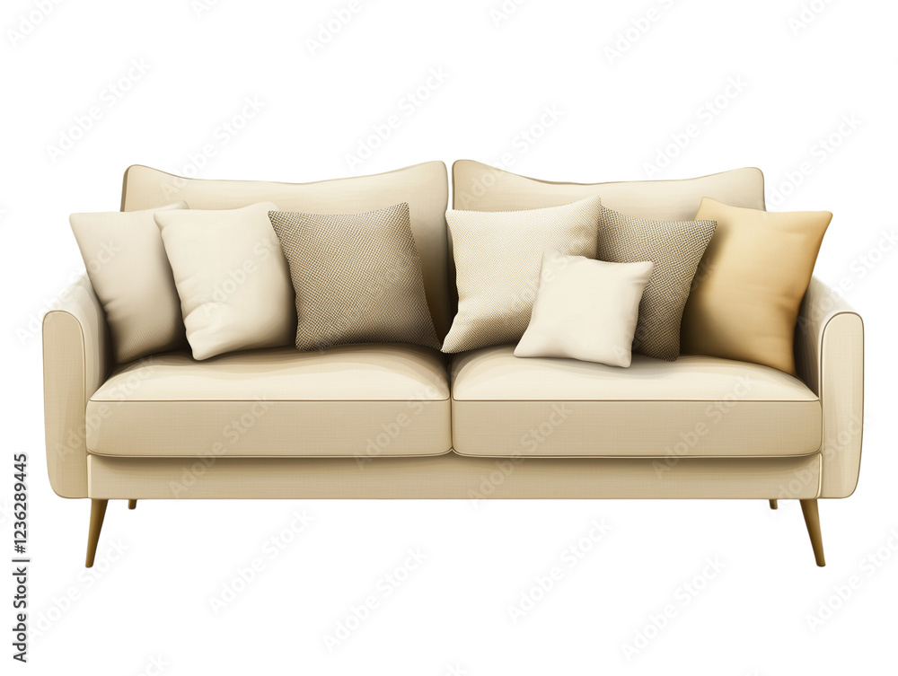 Obraz premium Beige modern sofa with pillows, Modern living room interior, Beautiful pillow decoration on sofa in living room, fabric sofa, Modern sofa living room interior minimalist, transparent background