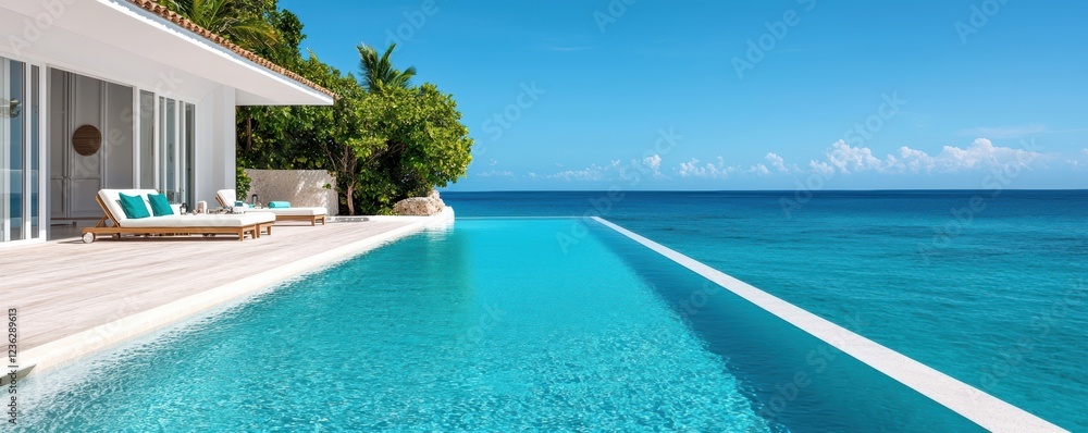 Fototapeta premium Stunning infinity pool at a clifftop luxury villa resort offering breathtaking views of the turquoise ocean and horizon This tranquil oasis provides the ultimate relaxation and escape