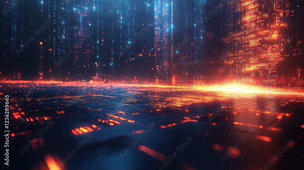 Futuristic digital data flow; glowing circuit board; abstract background; tech concept Futuristic digital data flow; glowing circuit board; abstract background; tech concept