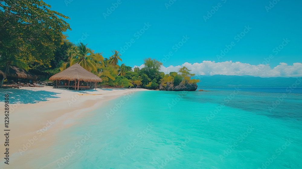 Fototapeta premium Serene tropical beach scene in a paradise setting with crystal clear waters and lush greenery