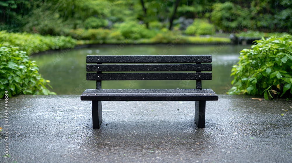 Rainy park bench by pond, serene garden background, peaceful solitude Rainy park bench by pond, serene garden background, peaceful solitude