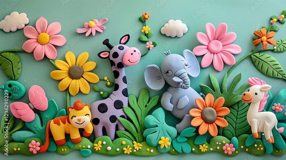 A colorful clay sculpture of a jungle scene with animals and flowers. A colorful clay sculpture of a jungle scene with animals and flowers.